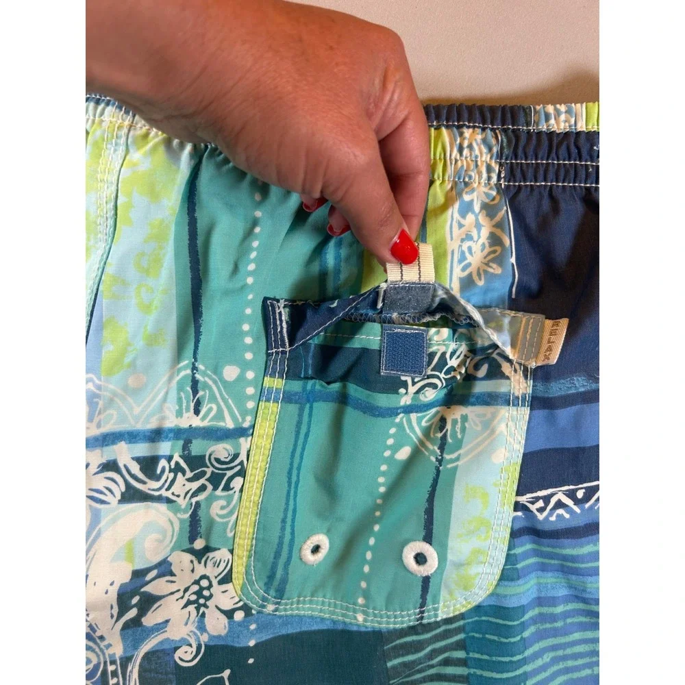 Tommy Bahama Relax Mens Blue Green Patchwork Floral Swim Trunks Shorts Size M